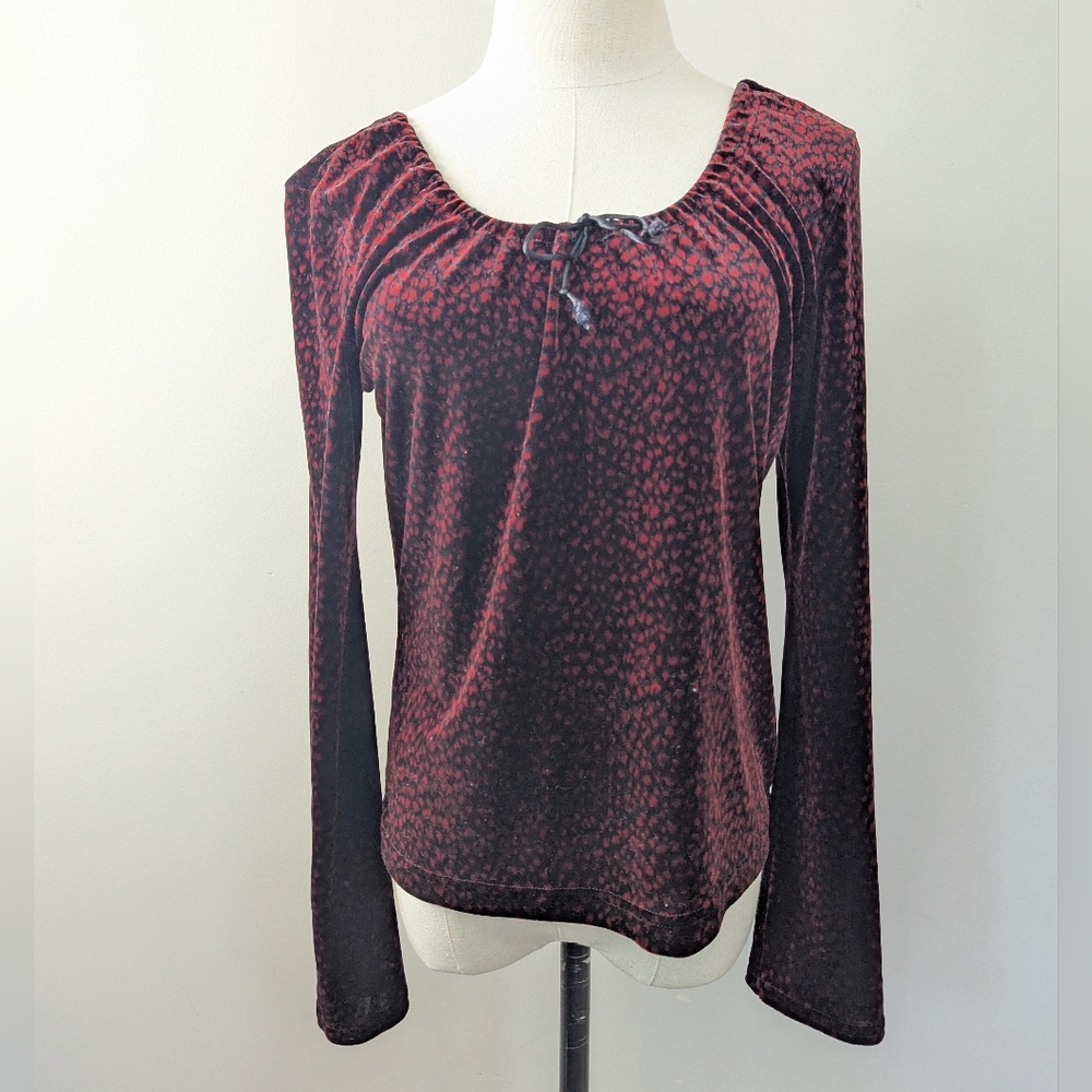 Vintage Whimsigoth Y2K Leopard Velvet Peasant Top Bell Sleeve Black Red L
